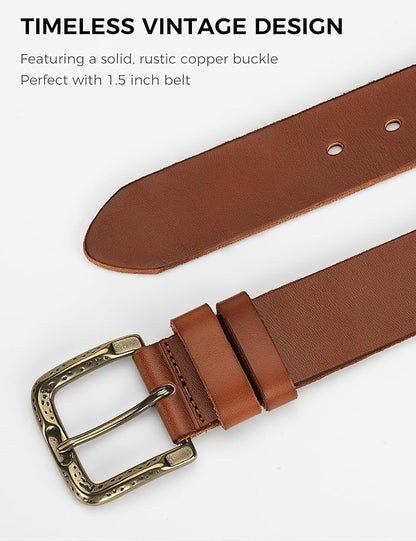 Men's Everyday Casual Belt - 1.5 Inch Full Grain Genuine Leather with Brass Buckle