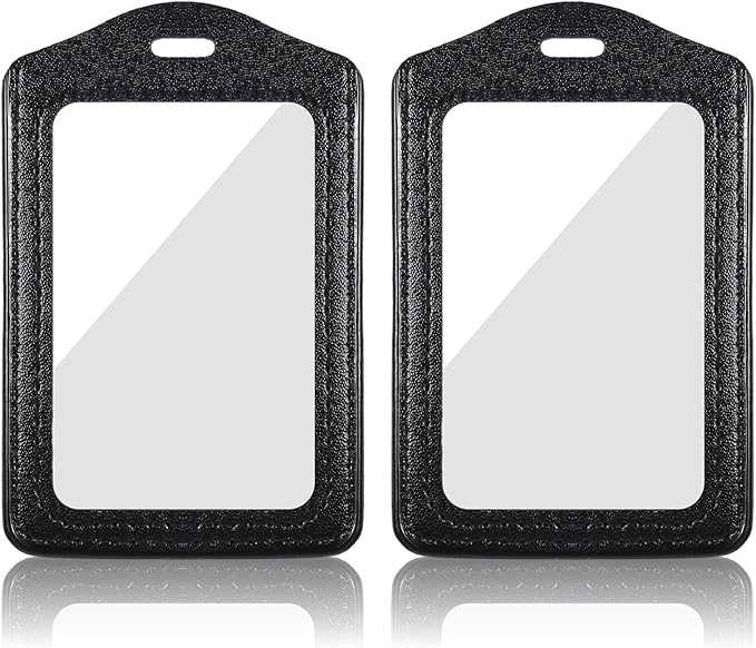 Genuine Leather ID Badge Holders, 2Pcs Leather Badge Holder with Double Side Clear Window, Vertical ID Card Holders, Waterproof Name Badge Holder for Students, Staff, Office, Employees, Black