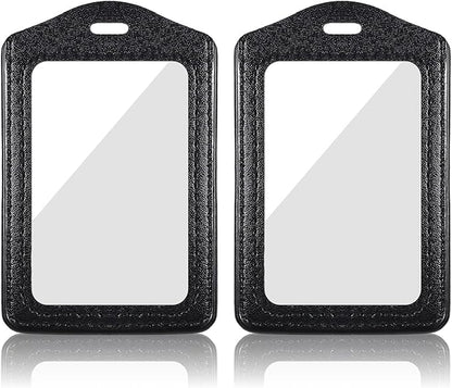 Genuine Leather ID Badge Holders, 2Pcs Leather Badge Holder with Double Side Clear Window, Vertical ID Card Holders, Waterproof Name Badge Holder for Students, Staff, Office, Employees, Black