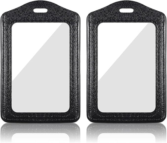 Genuine Leather ID Badge Holders, 2Pcs Leather Badge Holder with Double Side Clear Window, Vertical ID Card Holders, Waterproof Name Badge Holder for Students, Staff, Office, Employees, Black