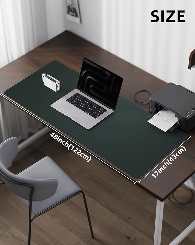 Leather Desk Pad Protector - 48" x 17" Non-Slip PU Leather Large Mouse Pad, Waterproof Desk Blotter Mat for Office and Home (Dark Green)