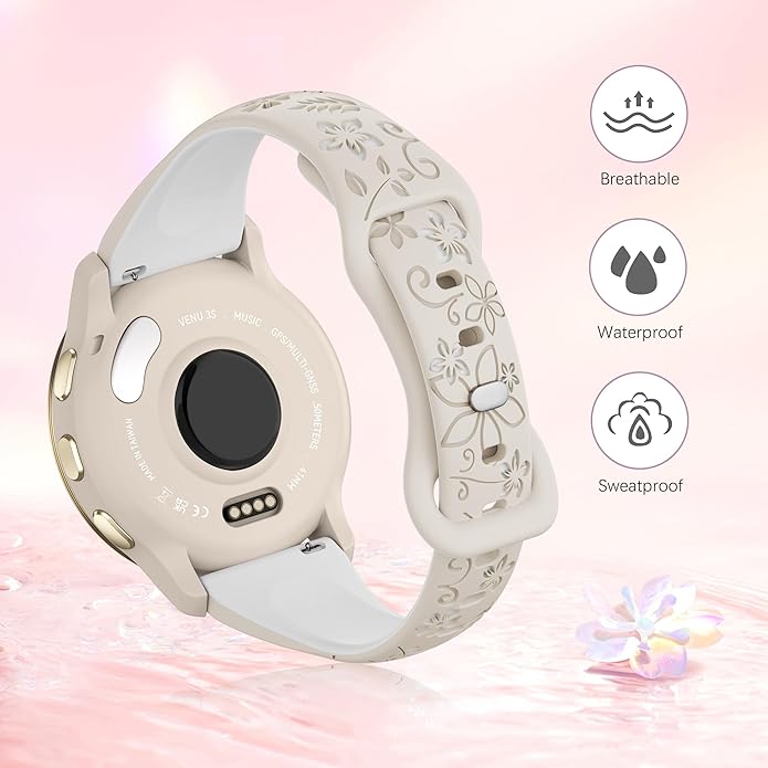 Laband 18mm Floral Engraved Band Compatible With Garmin Venu 3S 41mm/Venu 2S/Vivoactive 4S/Vivomove 3S/Venu 4 41mm/Forerunner 255S/Forerunner 265S,Soft Slim Silicone Cute Embossed Flower Strap for Men