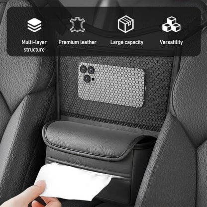 Car Organizer Storage Between Seats, Nappa Leather Front Seat Storage Bag with Tissue Holder, Automotive Console Hanging Net Pocket Handbag Holder for Phone Document (Gray)