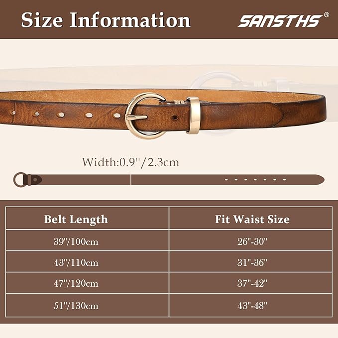 SANSTHS Womens Genuine Leather Belts for Jeans Pants Trendy Vintage Thin Leather Belt Gold Buckle Ladies Skinny Waist Belt