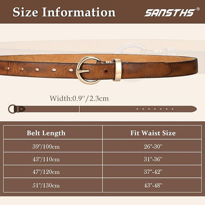 SANSTHS Womens Genuine Leather Belts for Jeans Pants Trendy Vintage Thin Leather Belt Gold Buckle Ladies Skinny Waist Belt