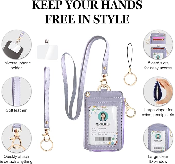 bolimoss 2-in-1 ID Badge Holder & Lanyard Wallet, Leather ID Name Badge with Side Zip Pocket for Teacher, Women Small Wallet with Removable Wristlet & Neck Lanyard, Clear Window, 5 Card Slots,Purple