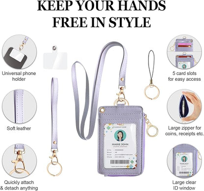 bolimoss 2-in-1 ID Badge Holder & Lanyard Wallet, Leather ID Name Badge with Side Zip Pocket for Teacher, Women Small Wallet with Removable Wristlet & Neck Lanyard, Clear Window, 5 Card Slots,Purple