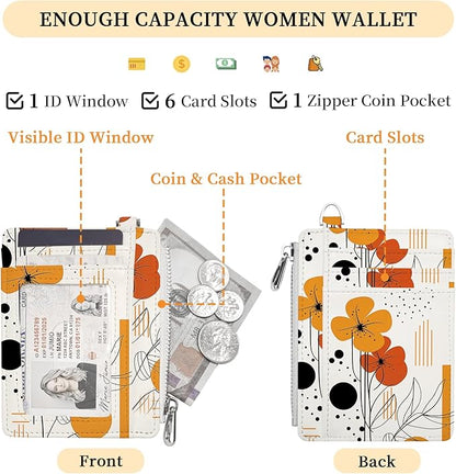 Hancynir Slim Wallet Women Credit Card Holder Abstract Boho Flower RFID Small Mini Card Case Front Pocket PU Leather Thin Travel Zipper Coin Cash ID Window Ladies Female Wallet Gifts