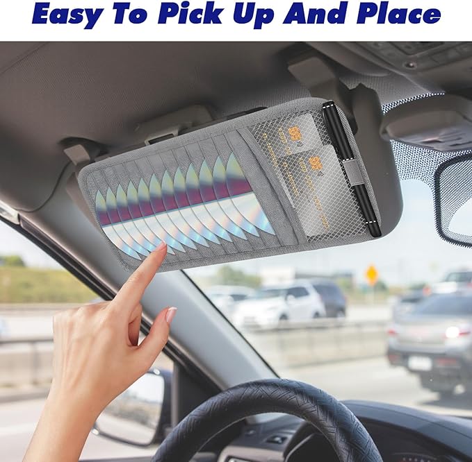 CD Visor Holder for Car, DVD Vehicle Visor Storage Organizer Gray Large Capacity CD Case with 12 Storage Sleeves, 1 Mesh Pocket, 1 Pen Loop & Elastic Strap