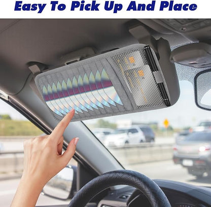 CD Visor Holder for Car, DVD Vehicle Visor Storage Organizer Gray Large Capacity CD Case with 12 Storage Sleeves, 1 Mesh Pocket, 1 Pen Loop & Elastic Strap