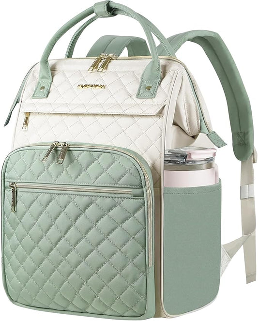 EMPSIGN 17 Inch Laptop Backpack for Women, Work Business Travel Computer College Bags, Large Capacity Water-repellent Quilted Casual Daypack, Beige-Light Green