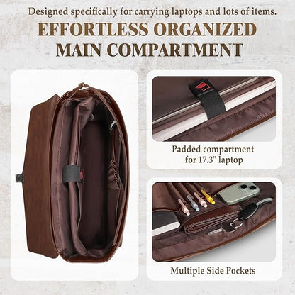 RAINSMORE 17.3 Inch Men's Messenger Bag, PU Leather Laptop Briefcase for Work, Office & Business Travel, Spacious Satchel Bag