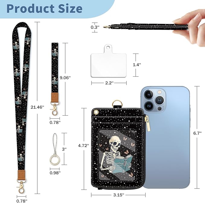 Lanyard Wallet with Id Badge Holder, Skeleton Book RFID Small Keychain Wallet Women Wristlet, Cute Zipper Credit Card Holder Phone Wrist Neck Strap for Key Name Tag, Teacher Student Office