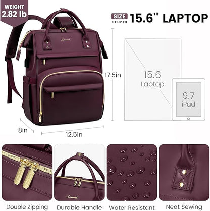 LOVEVOOK Leather Laptop Backpack for Women 17 Inch, Travel Purse for Nurse Teacher, Computer Bag, Professional College Business Work Carry-On With USB Port, Wine Red