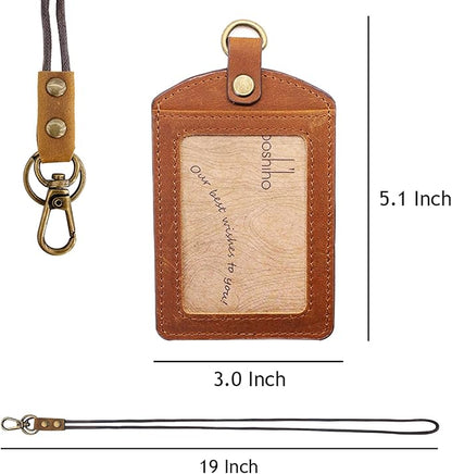 Badge Holder: Boshiho Cowhide Leather ID Badge Card Holder with 19" Neck Lanyard, Vertical Style (Light Brown)