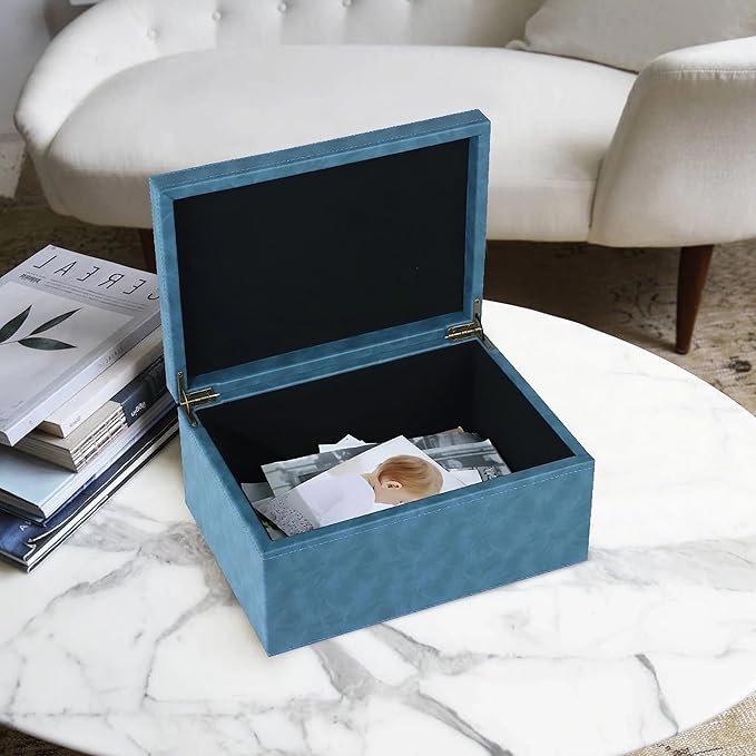 HofferRuffer Faux Leather Decorative Box, Large Wooden Structure Keepsake Box Accessory Organizer Jewelry Organizer with Hinged Lid, Storage Container for Home or Office (Blue)