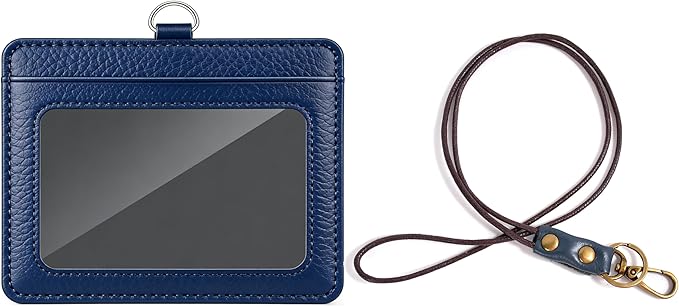 Leather ID Badge Holder with Lanyard for Women and Men, Horizontal ID Card Holder, 2 Card Slots, 22 Inch Neck Lanyard for Work, School, Office