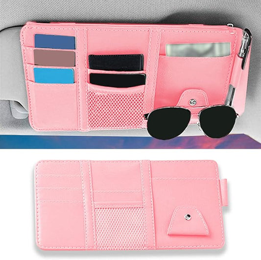Car Sun Visor Organizer, 1 Pack Sunglasses Holder for Car Sun Visor, Auto Interior Accessories Pocket Organizers Can Store Sunglasses, Documents, Cards, Pen, Drivers License (Pink)