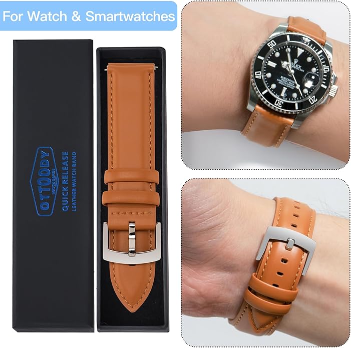 OTTOODY Leather Watch Bands Quick Release, Elegant Top Grain Leather Watch Straps for Men & Women, Choice of Color & Width - 18mm, 19mm, 20mm, 21mm or 22mm Wristbands Bracelet for Watch & Smartwatch
