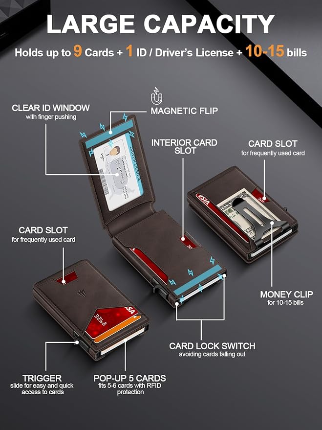 Wallet for Men, Slim Minimalist Wallet with Money Clip＆ID Window, RFID Blocking Pop-Up Credit Card Holder, Smart Auminum Mens Wallet Holds 9-13 Cards (Gift Box) (Coffee Brown)