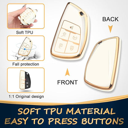 QBUC for Chevy Key Fob Cover with Keychain Soft TPU Protection Case Compatible with 2021-2026 Chevy Tahoe Suburban Equinox Blazer GMC Yukon Denali Silverado 5-Buttons(Gold Trim Ivory)