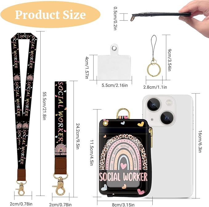 2-in-1 ID Badge Holder & Lanyard Wallet,Multi Use Womens Small Wallet with Zipper Pocket for Women Men with Wristlet and Neck Lanyard 5 Card Slots Work Essential (Social Worker)
