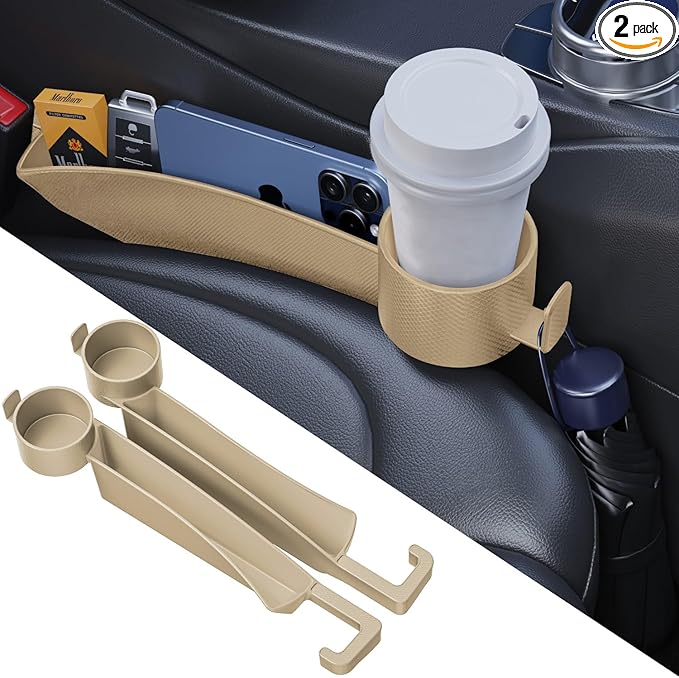 Car Seat Gap Plug with Storage Slot, Auto Gap Filler Organizer with Cup Holder, Universal Carseat Side Gap Filler Strip 2 Pack Between Front Seats & Console, Anti-Drop Pad with Seatbelt Holes, Beige