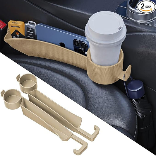 Car Seat Gap Plug with Storage Slot, Auto Gap Filler Organizer with Cup Holder, Universal Carseat Side Gap Filler Strip 2 Pack Between Front Seats & Console, Anti-Drop Pad with Seatbelt Holes, Beige