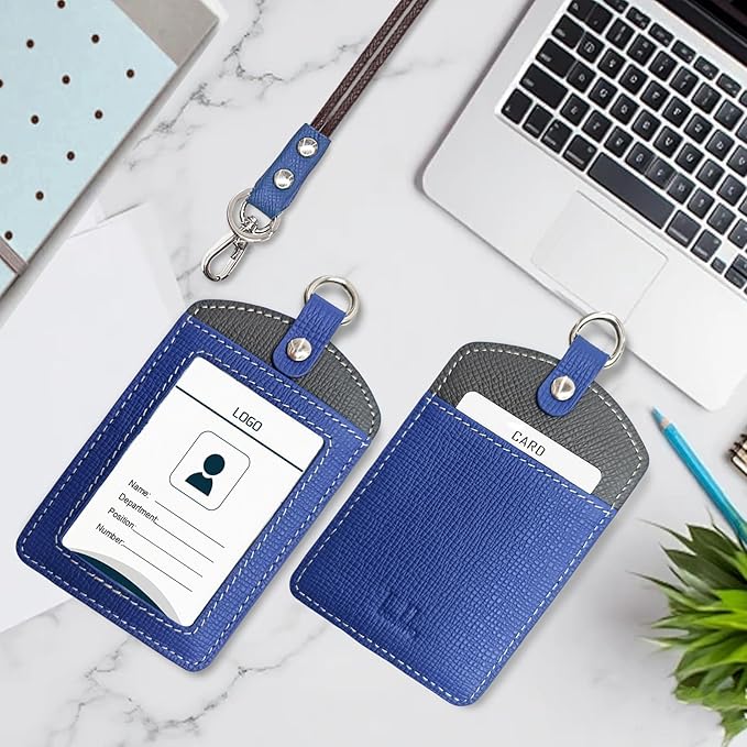 Badge Holder: Boshiho Cowhide Leather ID Badge Card Holder with 19" Neck Lanyard, Vertical Style (Blue-Dark Gray)