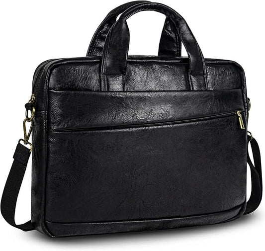 Faux Leather Messenger Bag for Men 17-17.3 Inch: Laptop Bag Briefcase Computer Handbags Shoulder Crossbody Bag with Padded Laptop Sleeve for Work College Travel, PU Black