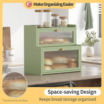 Double Layer Bamboo Bread Box for Kitchen Counter, Countertop Bread Storage Container, Bread Container Bread Storage with Window Bread Holder (Green)