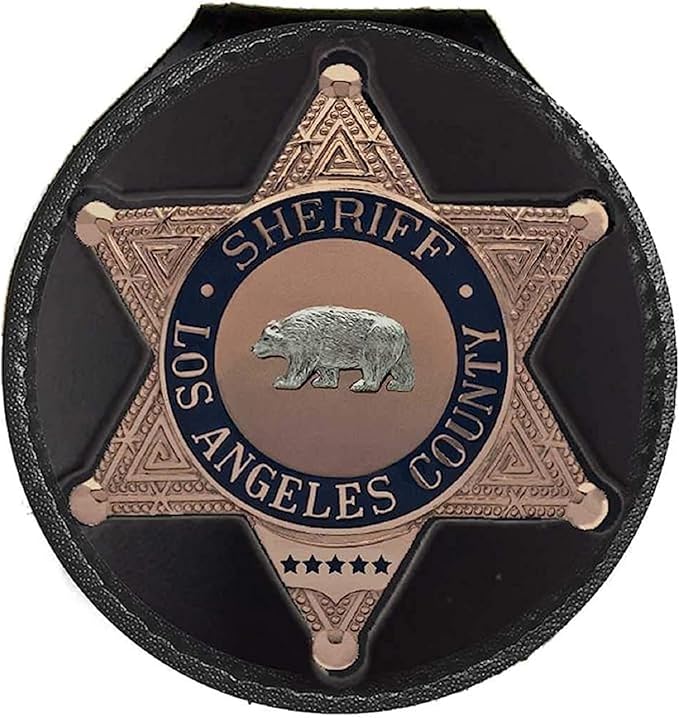 Perfect Fit Shield Wallets County of Los Angeles Sheriff Six-Point Star Belt Clip Badge Holder with Pocket and Chain (Cutout PF622), Black Leather, One Size