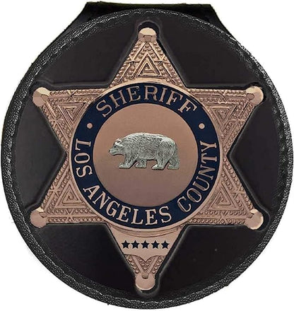 Perfect Fit Shield Wallets County of Los Angeles Sheriff Six-Point Star Belt Clip Badge Holder with Pocket and Chain (Cutout PF622), Black Leather, One Size