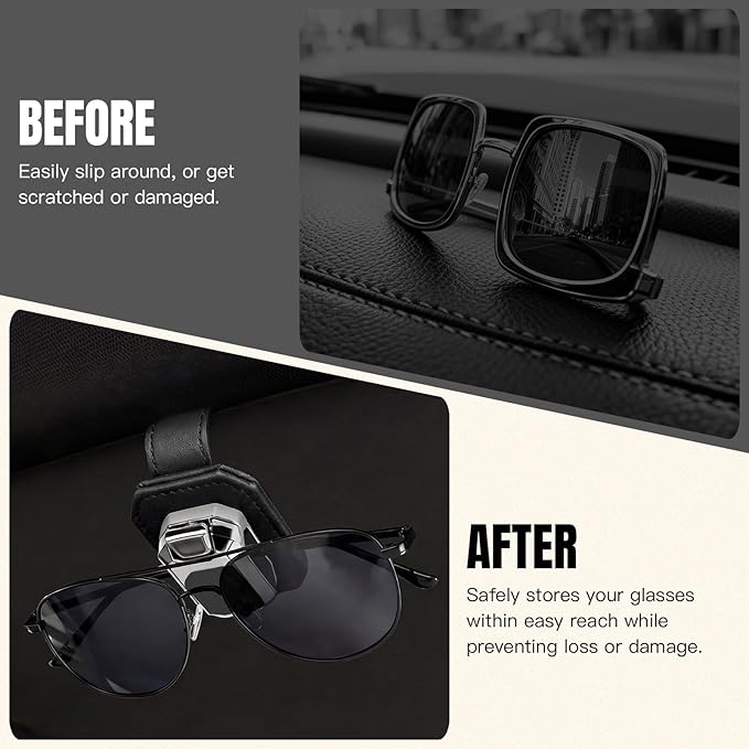 2PCS Sunglass Holder for Car Visor, Faux Leather Eyeglass Holder Clip for Car Sun Visor Organizer, Universal One Handed Operation Sun Glass Hanger, Car Interior Accessories for Women Man