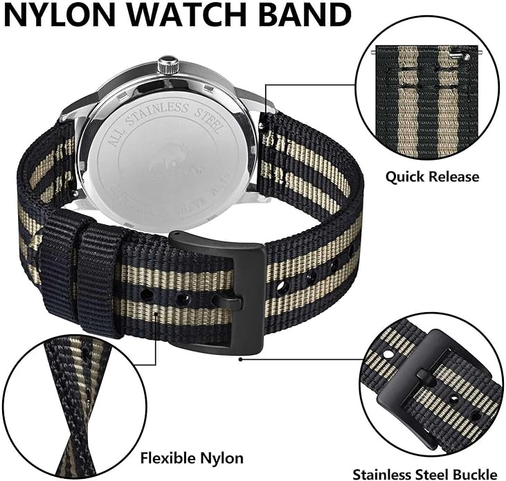 BISONSTRAP Men’s Nylon Watch Bands, Two-Piece Military Watch Straps, Quick Release, Brushed Buckle, Band Width 18mm 19mm 20mm 22mm