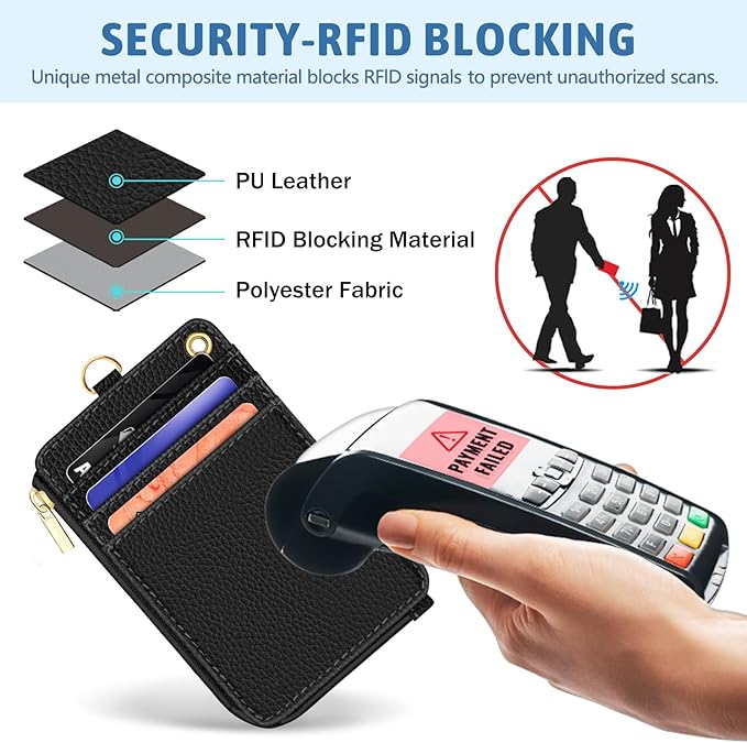 Piefly Black Lanyard Wallet with ID Badge Holder, Business Small RFID Wallet Women Keychain Wristlet, Slim Credit Card Holder with Zipper Pocket Phone Lanyard Wrist Strap Name Tag Office Teacher Gift