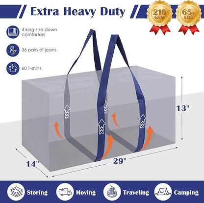 6 Pack Moving Bags Heavy Duty 210GSM with Full-Open Side Zipper, 93L 65lbs Waterproof Foldable Storage Totes for College Dorm Move-In, Moving Boxes Alternative & Home Organization, Blue