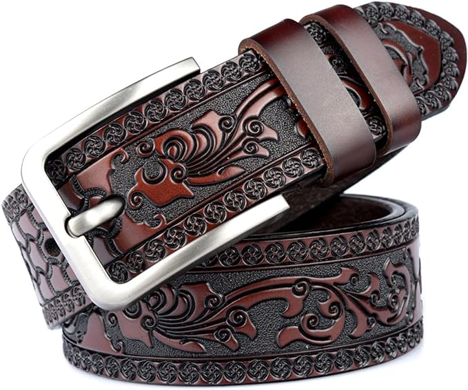 Men's Casual Genuine Leather Jeans Belts Vintage Leather Engraved Strap with Single Prong Buckle