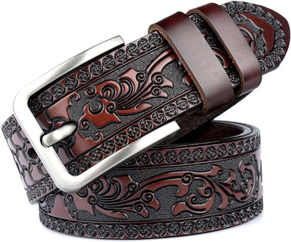 Men's Casual Genuine Leather Jeans Belts Vintage Leather Engraved Strap with Single Prong Buckle
