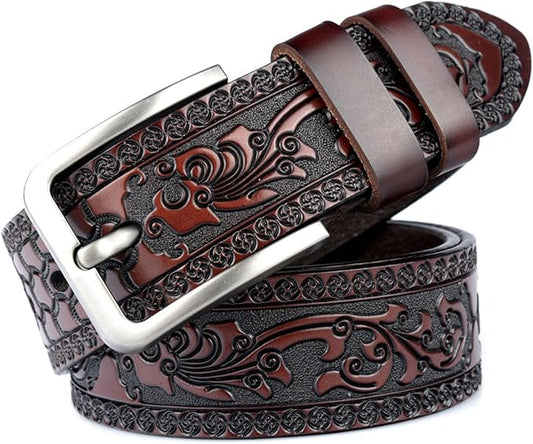 Men's Casual Genuine Leather Jeans Belts Vintage Leather Engraved Strap with Single Prong Buckle