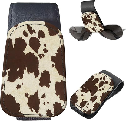 Sunglasses Holder for Car Visor, PU Leather Glasses Clip Organizer, Cute Magnetic Eyeglass Holder for Vehicle Sun Visor, Car Interior Accessory for Women & Men Brown Cow Fur