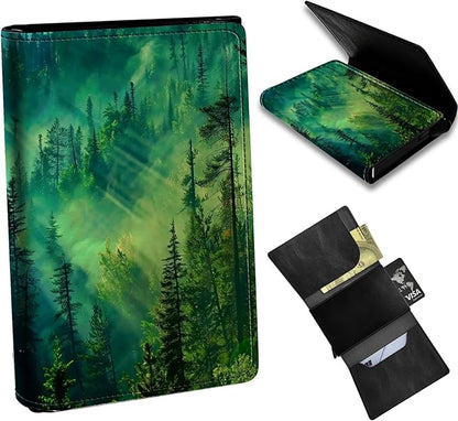 Forest Minimalist Wallet for Men Tarjeteros de hombres, Pop Up Card Case Wallet for Women, PU Leather Automatic Credit Card Holder Metal Money Clip Wallet RFID Blocking Bifold Pocket Wallet