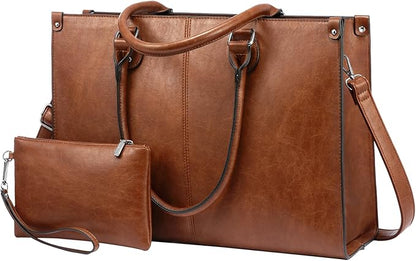 LOVEVOOK Laptop Tote Bag for Women, 17.3 Inch Large Capacity Vintage Leather Work Computer Bag, Business Casual Shoulder Handbag, Dark Brown