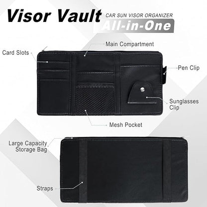 2 PCS Car Visor Organizer, Sunglasses Holder for Car Sun Visor, Leather Sunvisor Organizers with Sunglass Holder & Card Sleeve Pocket, Vehicle Accessories for Most Vehicle, Black