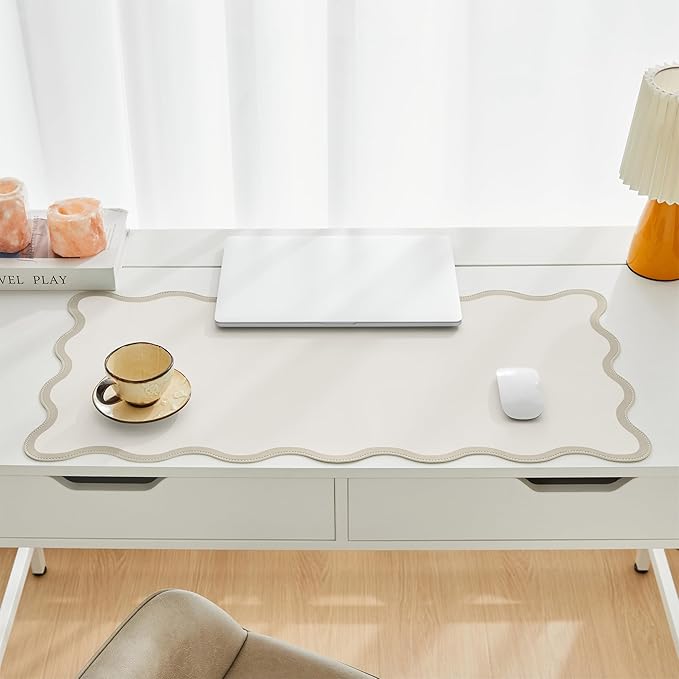 Ralxion Scalloped Desk Mat, 31.5" x 15.7", PU Leather, Waterproof Anti-Slip, Cute Aesthetic Desk Pad for Office/Home/Game/Vanity (Beige, Large)
