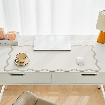 Ralxion Scalloped Desk Mat, 31.5" x 15.7", PU Leather, Waterproof Anti-Slip, Cute Aesthetic Desk Pad for Office/Home/Game/Vanity (Beige, Large)