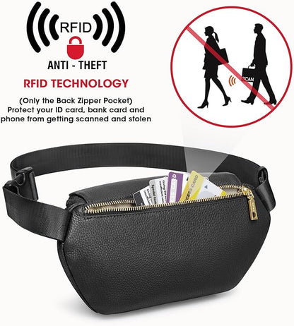 Kattee Fanny Packs for Women, Leather Crossbody Bags for Women Trendy, Small Belt Bag,Fashion Waist Packs with RFID Blocking, Black