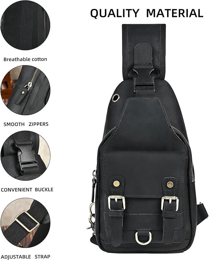 Genuine Leather Hiking Travel DayPack Sling Crossbody Triangle Chest Pack Bag For Men Women 8241 (Dark Black 258204)