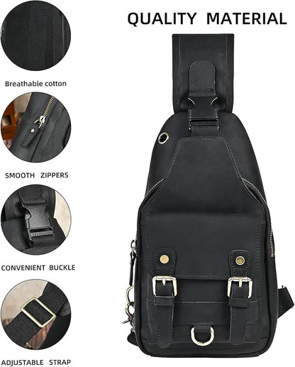 Genuine Leather Hiking Travel DayPack Sling Crossbody Triangle Chest Pack Bag For Men Women 8241 (Dark Black 258204)