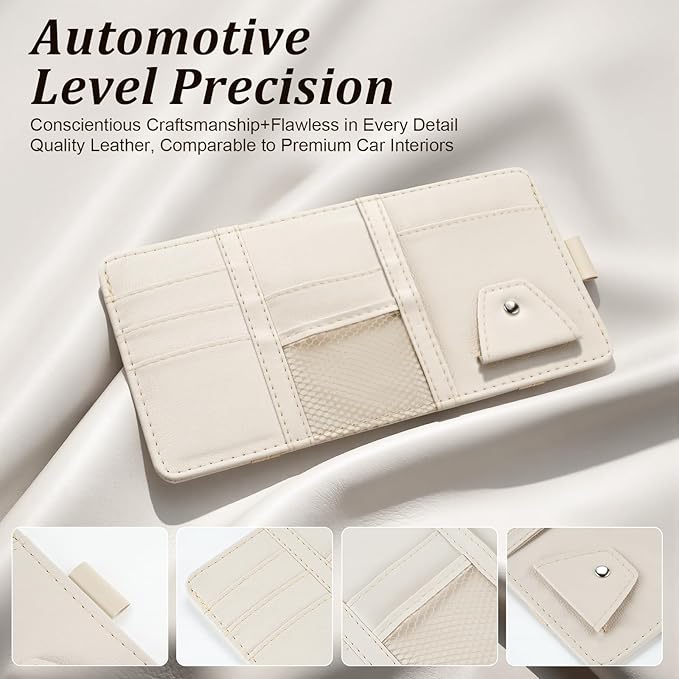Amiss Car Sun Visor Organizer with Double Zippers, Multi-Pockets for Glasses, Pens, Cards & Documents, Universal Storage Pouch Fits Most Cars, SUVs and Trucks, Car Interior Accessories (Beige)